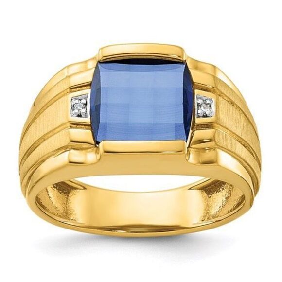 New 10k Gold Men's Created Sapphire and Diamond Ring - Picture 1 of 12